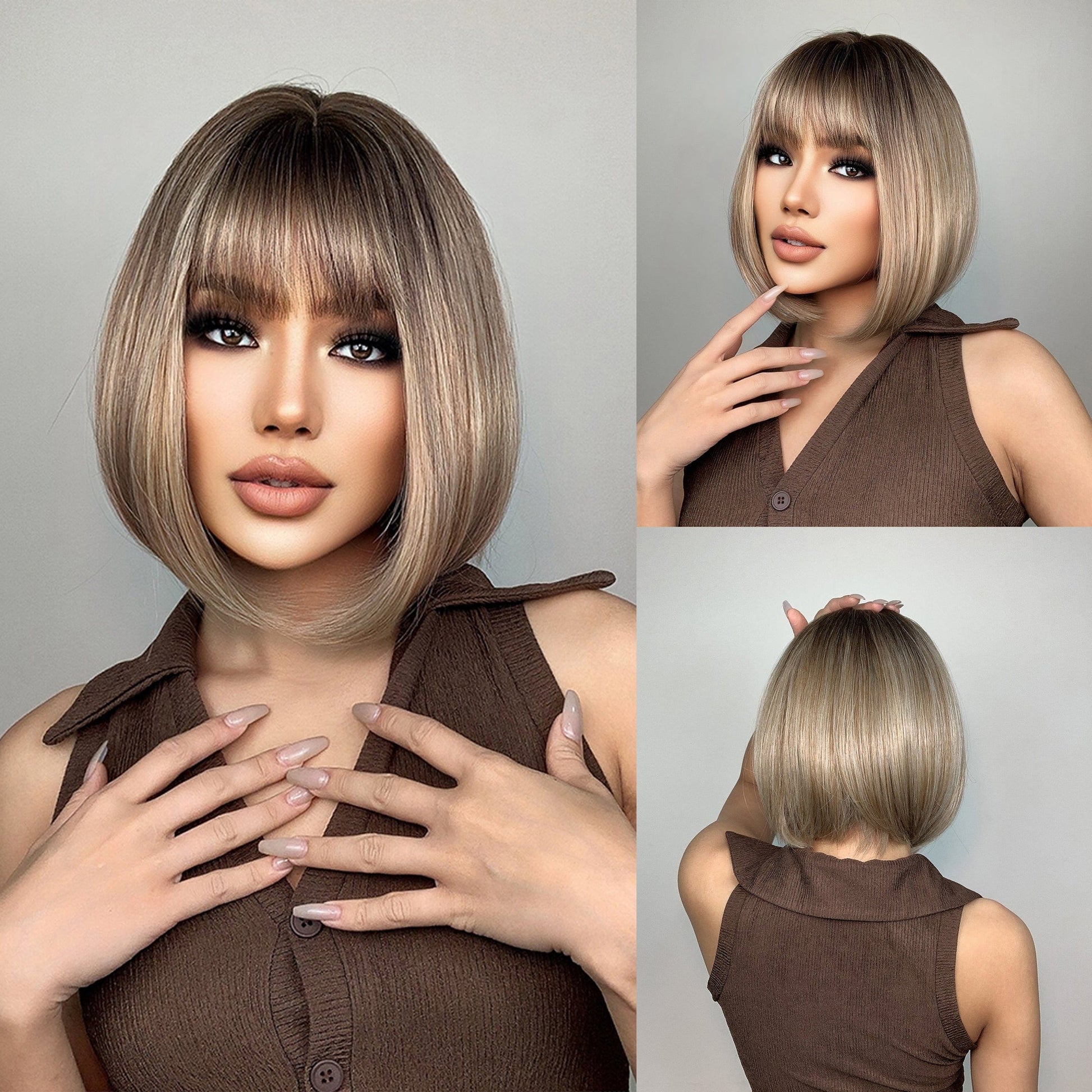 191-1 Factory Price Direct Sales Dark Brown Short Pixie Cut Synthetic Wigs with Bangs Daily/Party Wig Machine Made Heat Resistant Hair