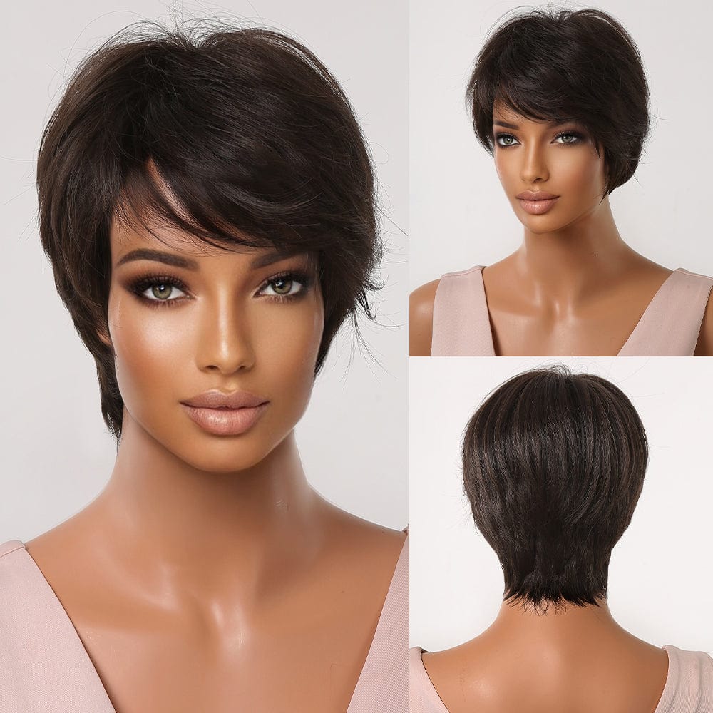 195-1 Factory Price Direct Sales Dark Brown Short Pixie Cut Synthetic Wigs with Bangs Daily/Party Wig Machine Made Heat Resistant Hair