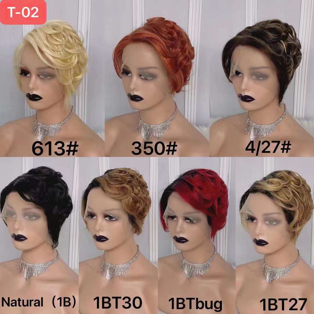 1B/27 / T02 Brazilian 100% Human Hair Pixie Cut Short Full Machine Made Wigs With Bangs For Black Women