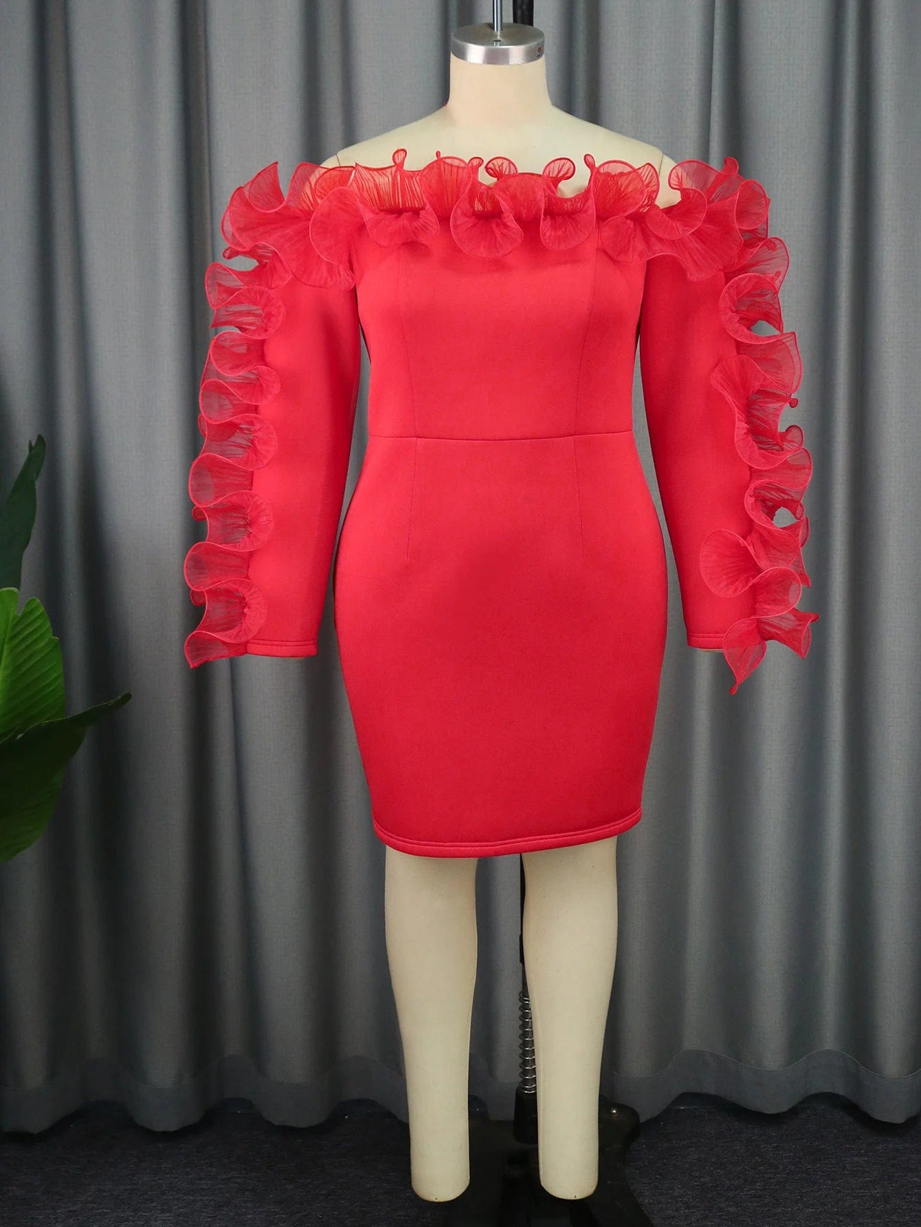 1XL / Red Off Shoulder Long Sleeves Sexy Backless Mesh Ruffle Girls Club Dresses