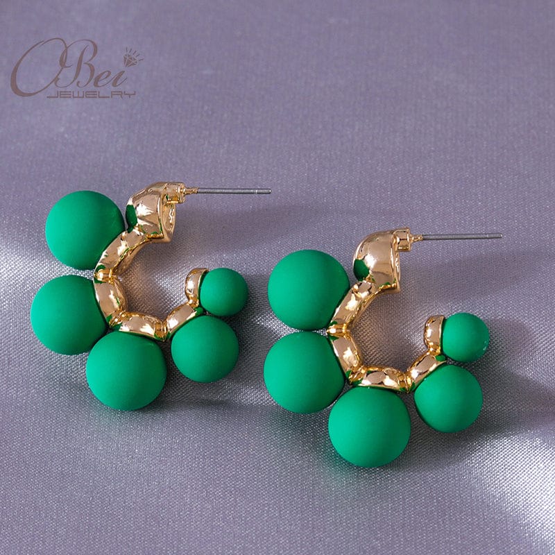 2.1*1.7CM / White Obei Jewelry Fashion Elegant Celebrity Metal Inlaid Green Beads Earrings New Luxury Party Daily Girls Trendy Earrings Jewelry