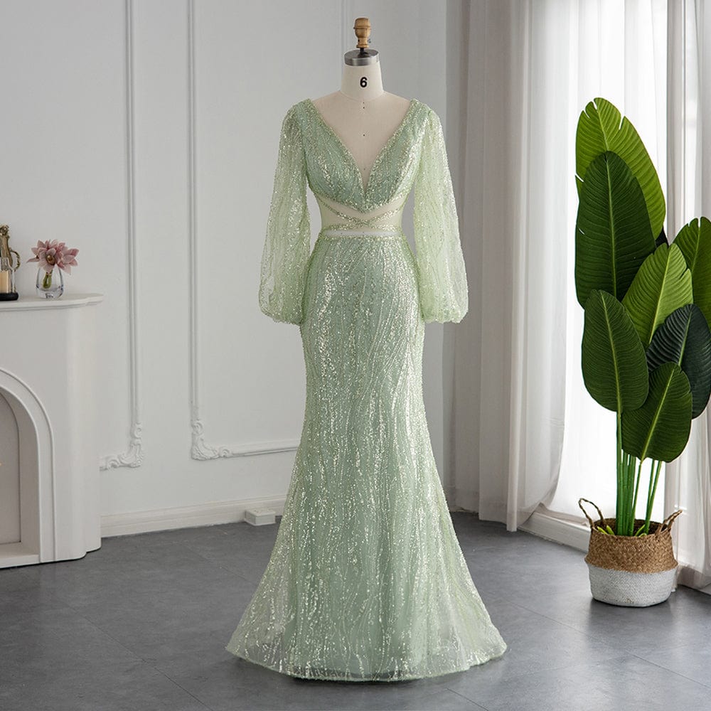 2 / 1 Scz027 Luxury Beaded Mermaid Mint Green Evening Dress 2023 Sexy V-Neck African Prom Party Dresses For Women Wedding