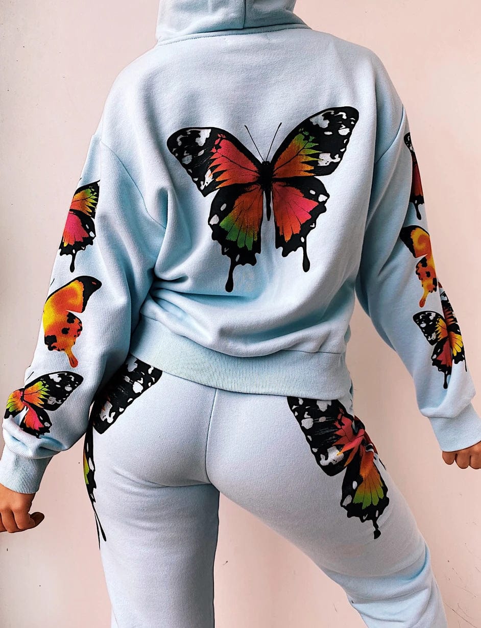 2 Pieces Sport Suit Set for Women Butterfly Printed Female Clothes Zipper Up Hoodies Coats Pants White Black Street Wear