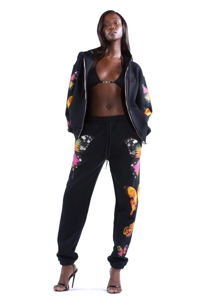 2 Pieces Sport Suit Set for Women Butterfly Printed Female Clothes Zipper Up Hoodies Coats Pants White Black Street Wear