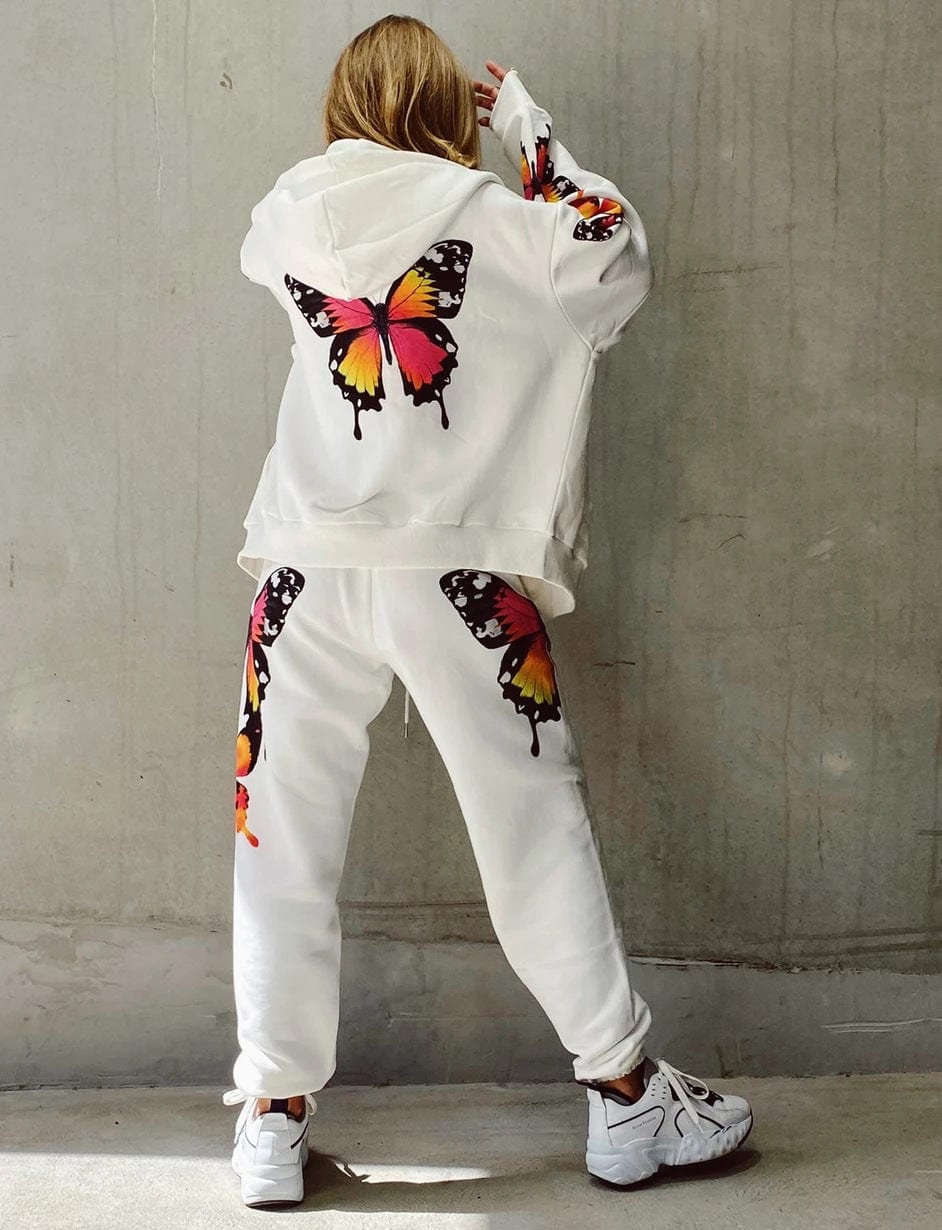 2 Pieces Sport Suit Set for Women Butterfly Printed Female Clothes Zipper Up Hoodies Coats Pants White Black Street Wear