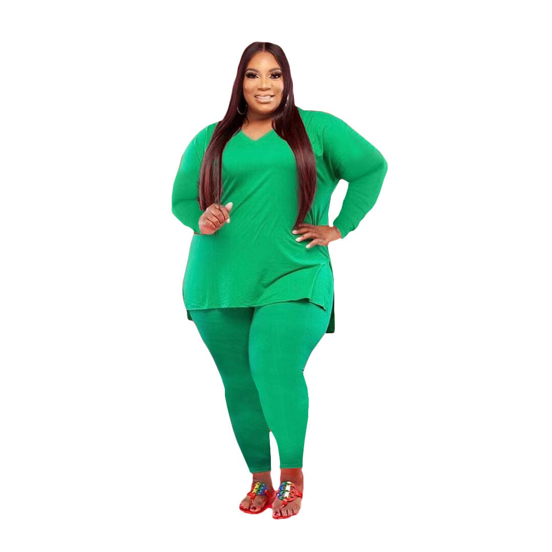 2 XL / 2 LW-Q77262 V neck side split long sleeve t shirts and pants women plus size 2 piece sets