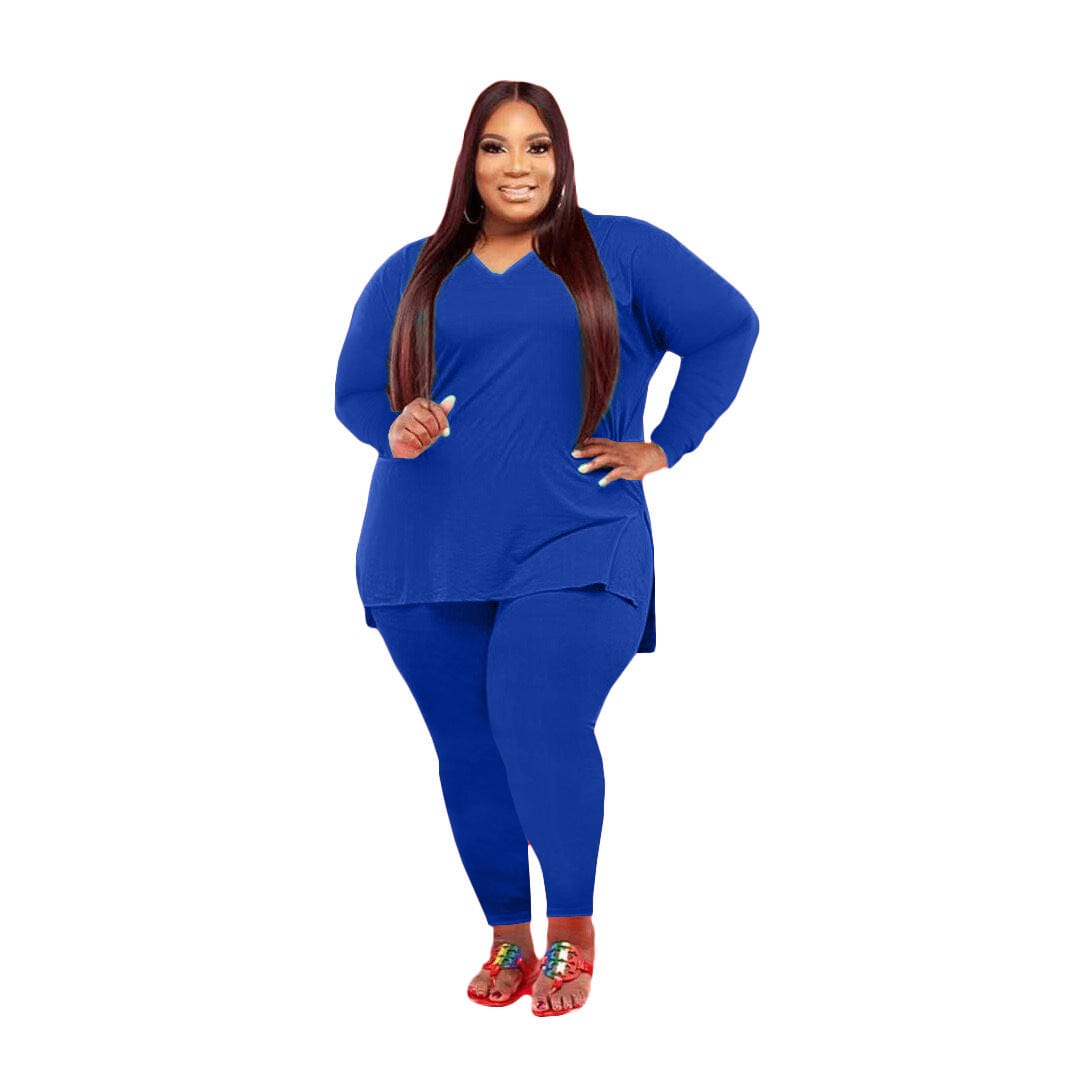 2 XL / 3 LW-Q77262 V neck side split long sleeve t shirts and pants women plus size 2 piece sets