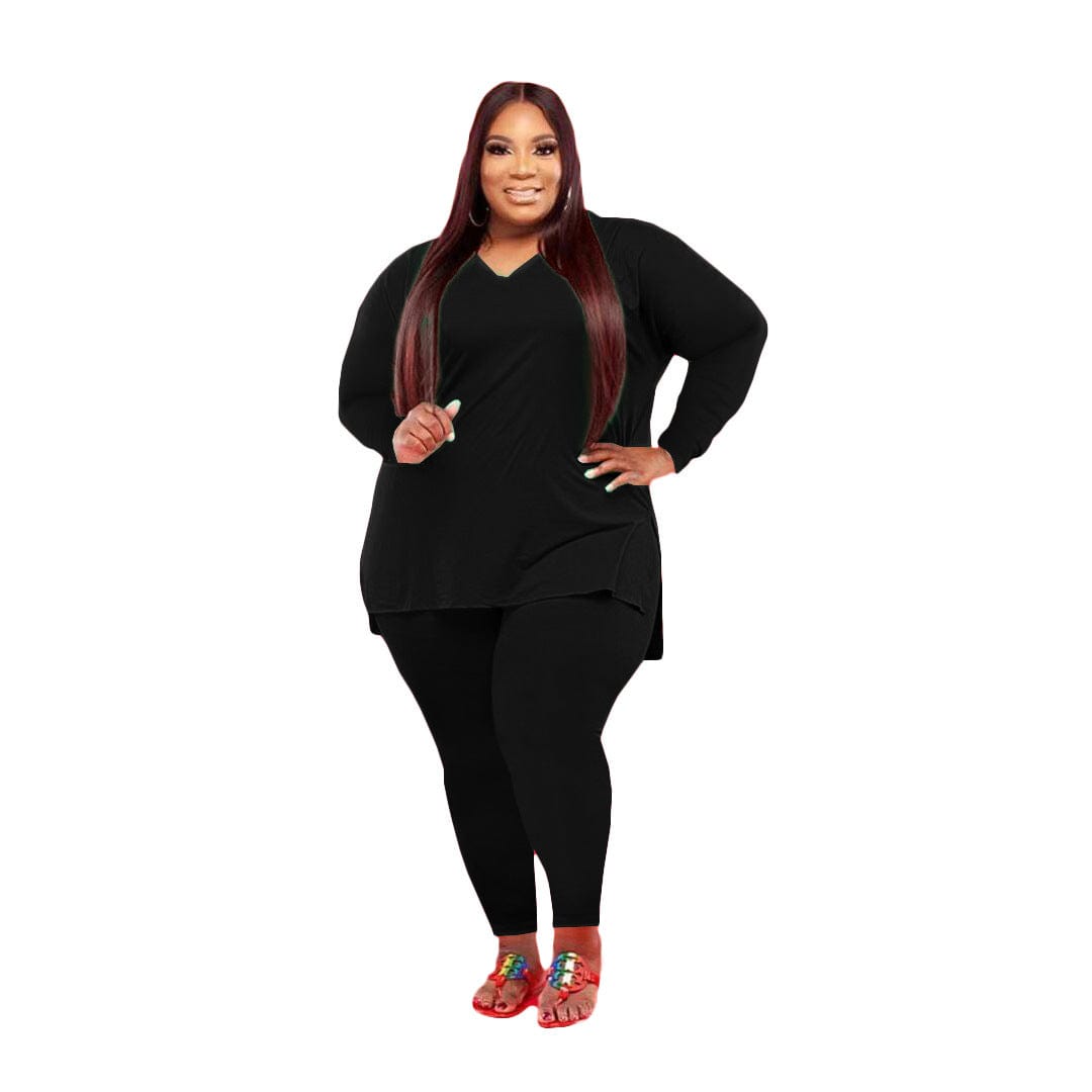 2 XL / 4 LW-Q77262 V neck side split long sleeve t shirts and pants women plus size 2 piece sets