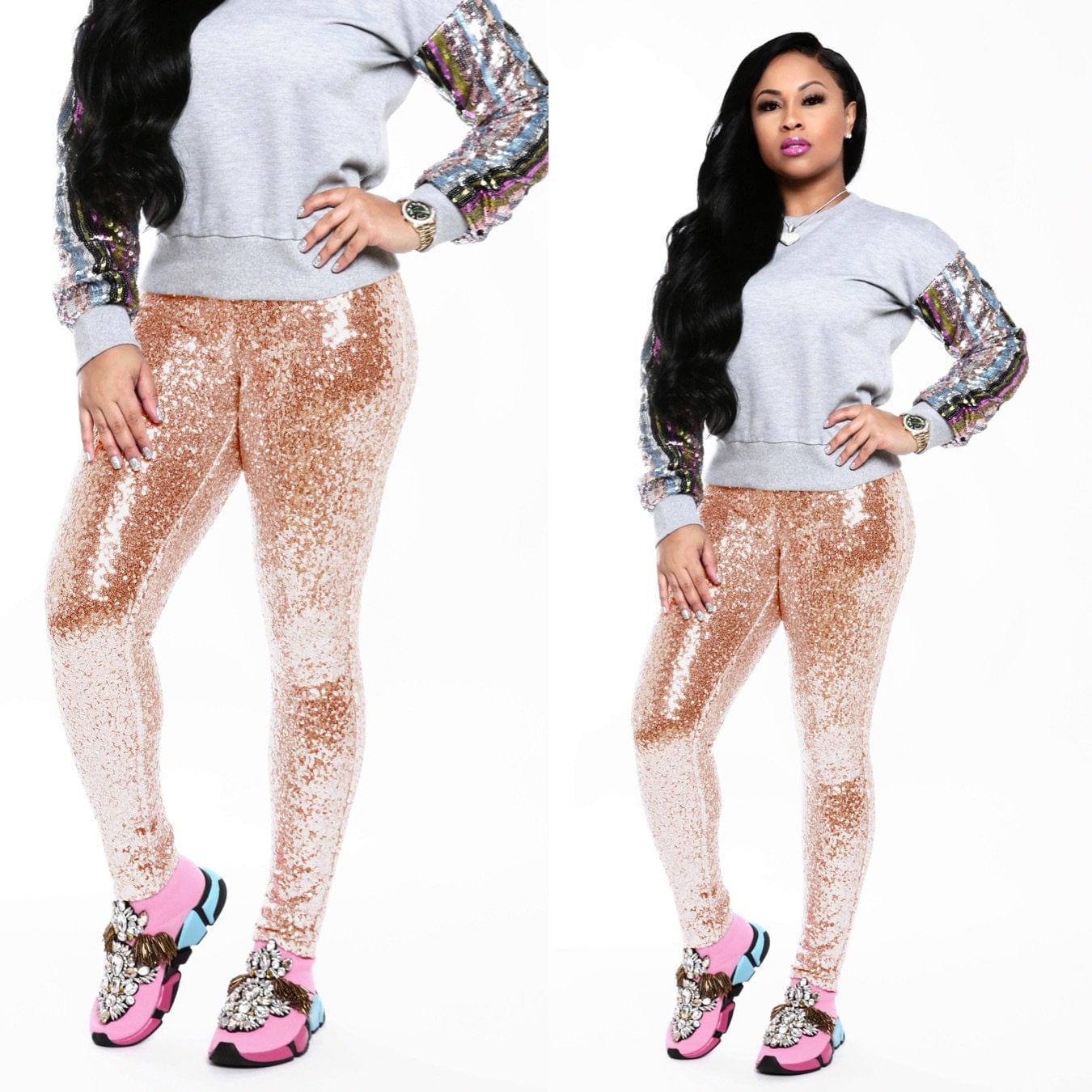 2 XL / Apricot Z69324 Fashion Casual High Waist Sequins pants Fall Women Stretch Shiny Trousers