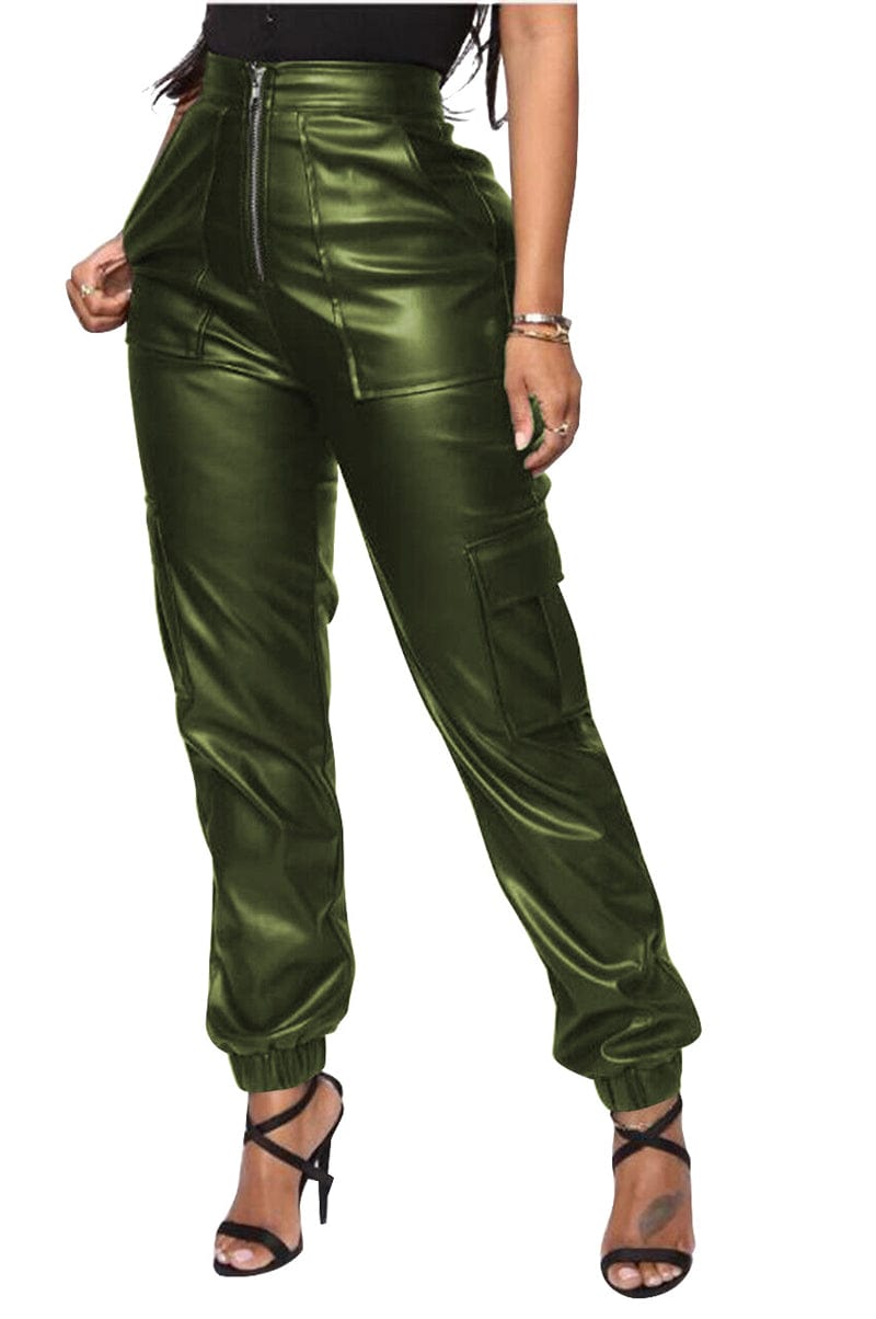 2 XL / Army Green wholesale fashion women's green black brown red real faux pu leather high waist cargo leather pants women with pocket for women