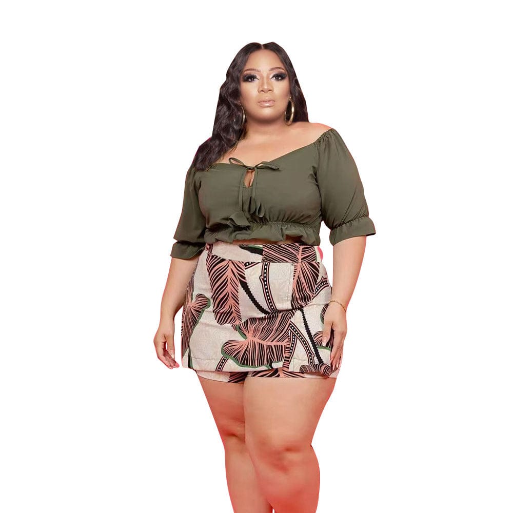 2 XL / Army Green Z104999 Fashion short set women Off the Shoulder top Print shorts Two Pieces