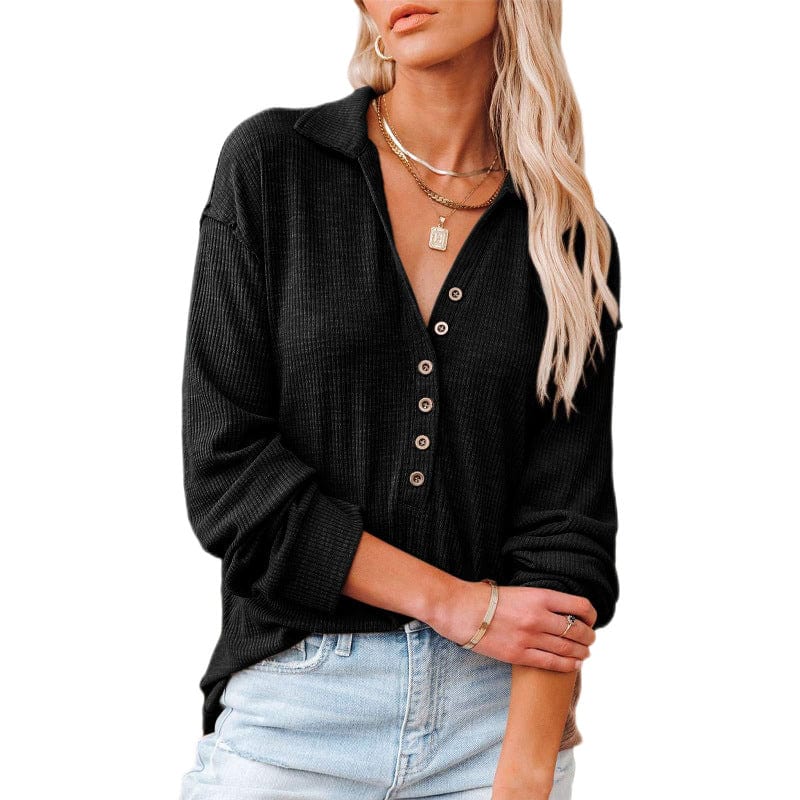 2 XL / Black 10%OFF S-2XL European and American women's clothing autumn and winter new long-sleeved lapel V-neck shirt pit strip lapel top