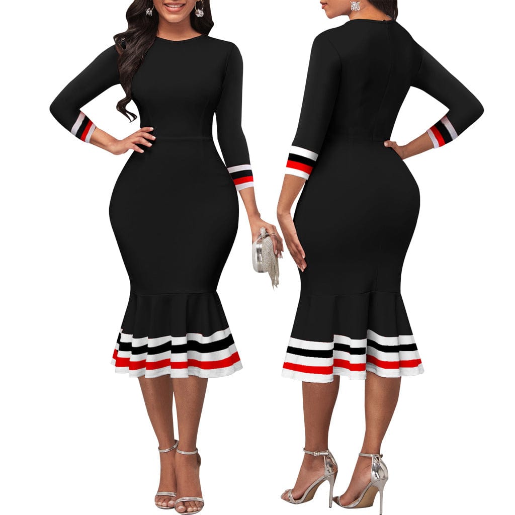 2 XL / black C1103TA8 New Arrival Striped Print Ruffles Bodycon Office Dress Women Sehe Fashion