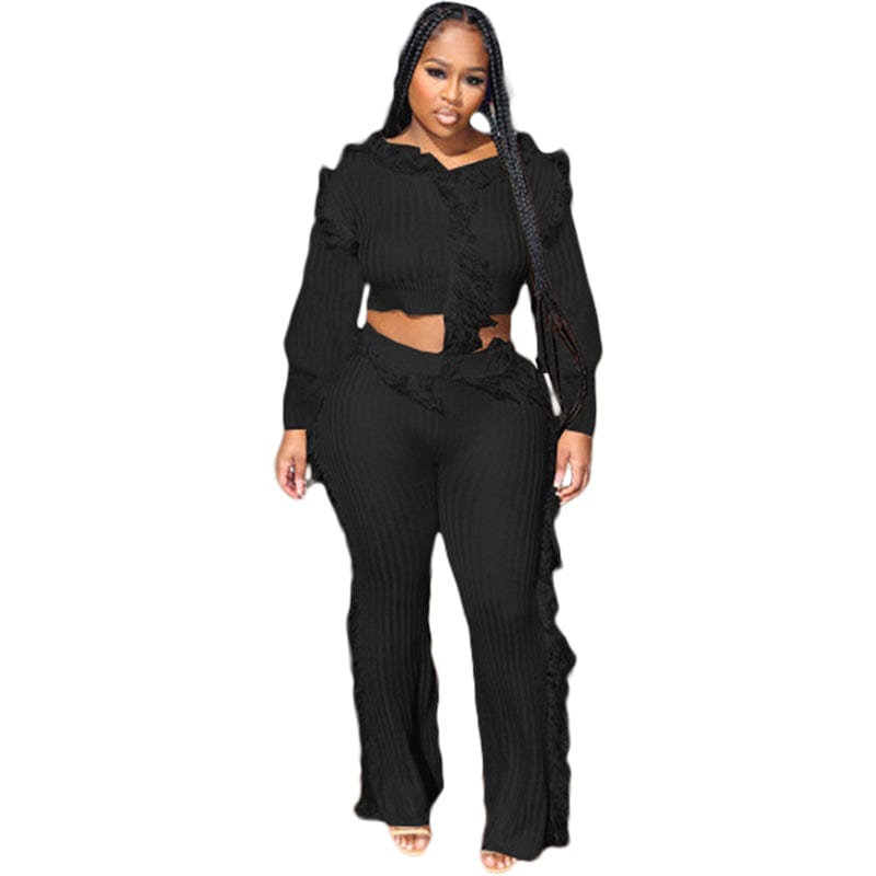 2 XL / black high quality fall 2022 autumn ladies women knitted crew neck 2 piece fringe tassel cropped sweater and pants two piece set women