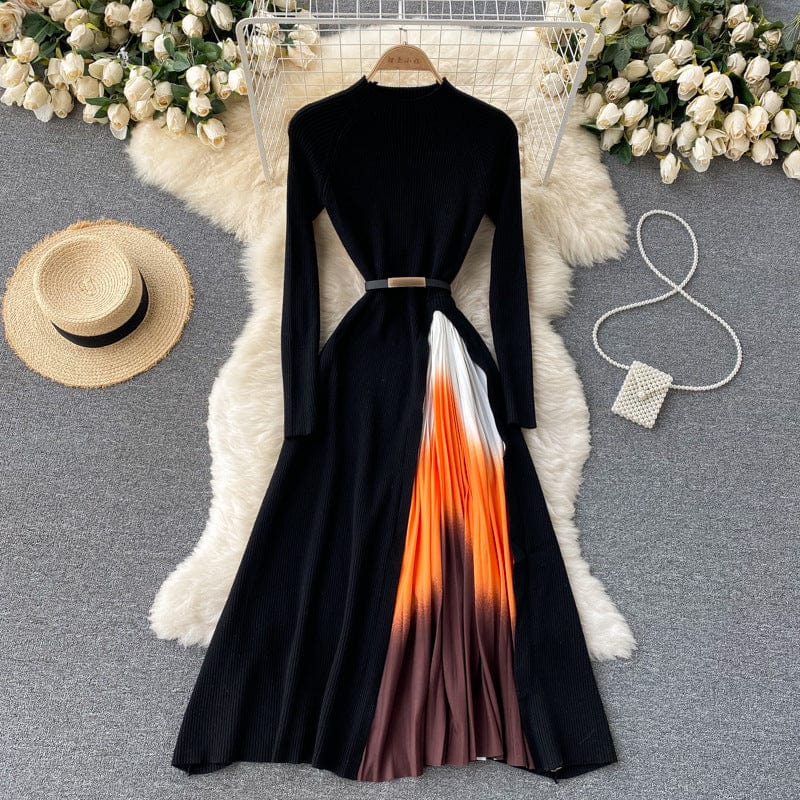 2 XL / Black New French Knitted Women Fall Winter Spliced Gradient Empire Grace Midi  Pleated Dress