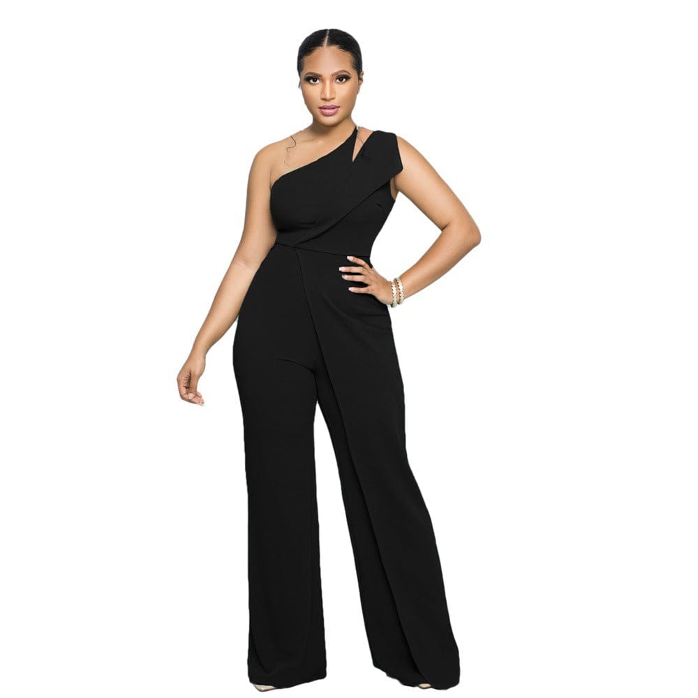 2 XL / black New women's clothing Sexy sleeveless one shoulder suspender High waisted commuter straight loose ladies one piece jumpsuits