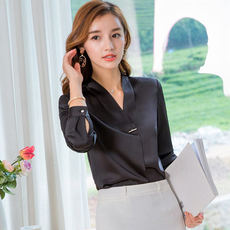 2 XL / black OEM Satin New Fabric High-quality V-Neck Shirt for Women Blouse Elegant Tops Female Full-Sleeve Office Lady Work Wear