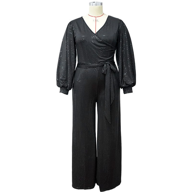 2 XL / black Plus Size Jumpsuit Women Sexy V Neck Long Sleeve Sequin Trim Romper Lady Bandage Loose Full Playsuit Big Size Fat 4XL