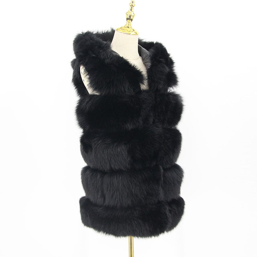 2 XL / Black QIUCHEN new women winter fur coat dyed vest with big hood genuine natural fur fox vest QC8062