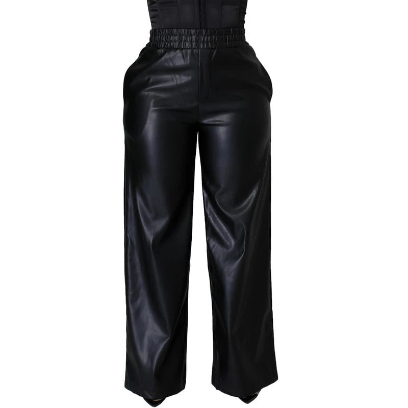 2 XL / Black Z64370 Fashion Casual elastic PU leather High Waist Wide Leg pants Fall Women Trousers