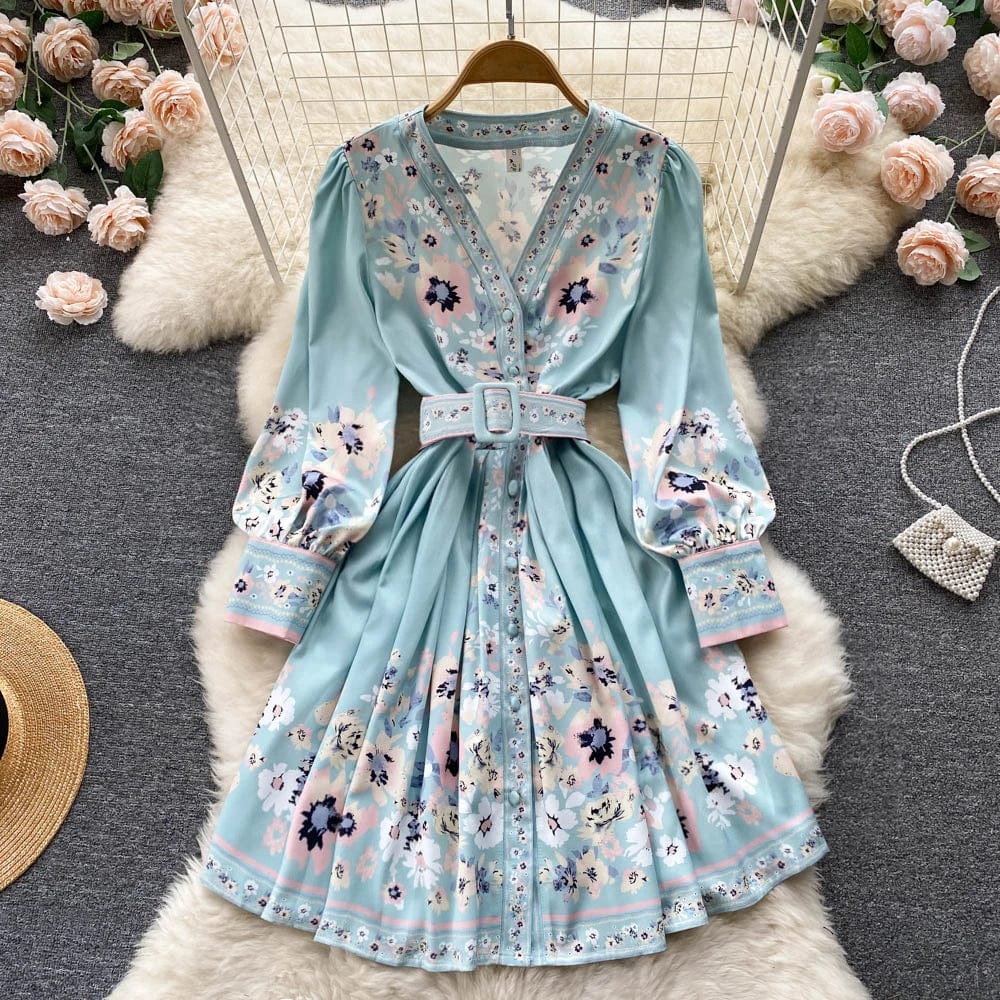 2 XL / Blue 2024 Spring Fashion Runway Single Breasted Dress Shirt Women V-neck Long Sleeve Floral Print Pleated Short Mini Dress