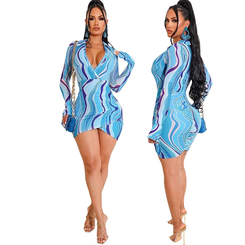 2 XL / Blue C1103TA12 Latest Sexy V Neck Geometric Print Pleated Bodycon Irregular Mini Dress Women Sehe Fashion