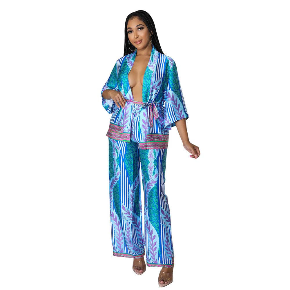 2 XL / Blue GX0129 Fashion satin elegant leisure wear half sleeve cardigan top and wide leg pant 2 two piece matching suit women street wear