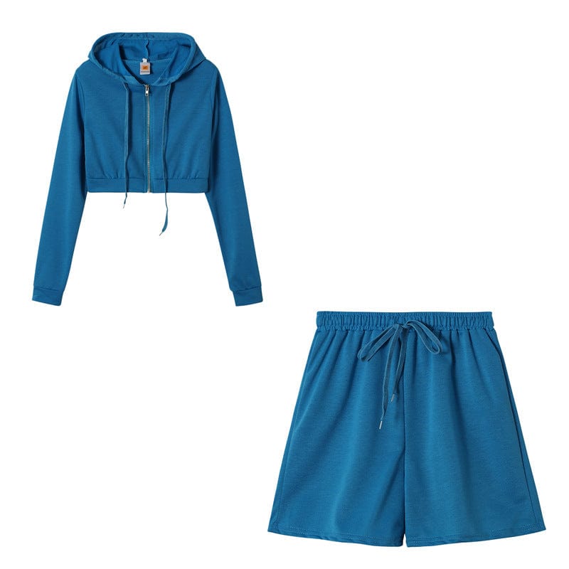 2 XL / Blue High Quality Cotton Sweatpants Two Piece Set Shorts Women Spring And Fall Hoodie Sets