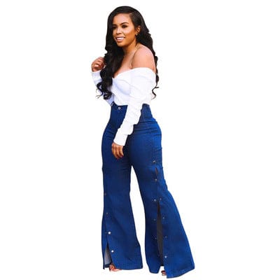 2 XL / Blue HSF2048 New arrival fashion personality split wide leg high waist stretch blue flared jeans new women