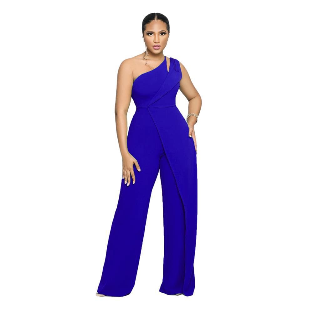 2 XL / Blue New women's clothing Sexy sleeveless one shoulder suspender High waisted commuter straight loose ladies one piece jumpsuits