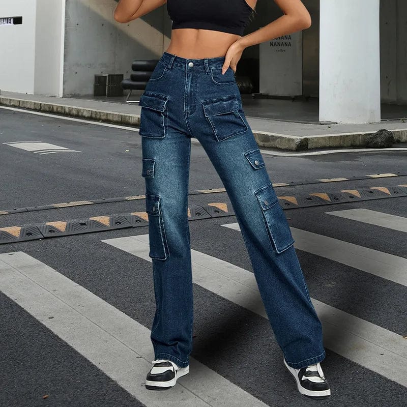 2 XL / Blue OUDINA Customize 2023 New American Multi Pocket Design High-waist Slim Straight Leg Jeans Women's Pants