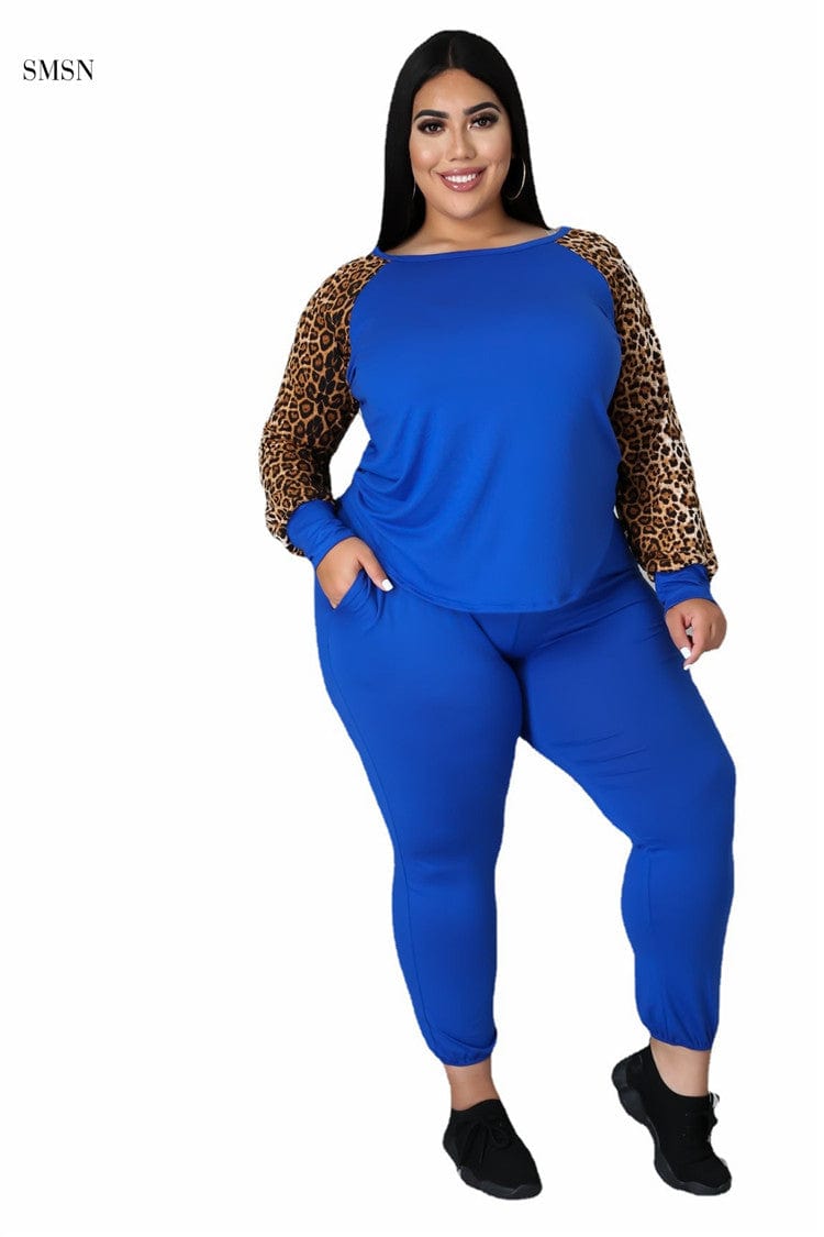 2 XL / Blue SMSN OSINA Good Quality Autumn Leopard Print Long Sleeve Women Pants Set Lounge Wear Plus Size Women Clothing Two Piece Set