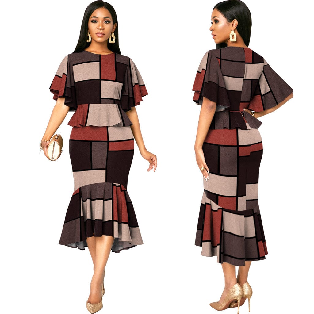 2 XL / Brown C1103TA28 New Design Elegant Plaid Print Ruffles Bodycon Irregular Dress For Women Sehe Fashion