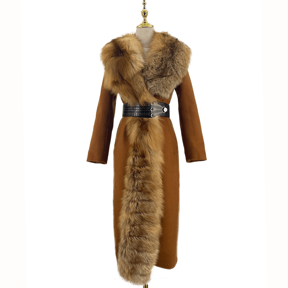 2 XL / Brown QIUCHEN QC21149 Fashion Winter Women Elegant Sexy Belt Luxury Woolen Jacket Cashmere Coat With Fox Fur