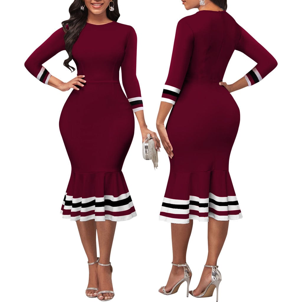 2 XL / Burgundy C1103TA8 New Arrival Striped Print Ruffles Bodycon Office Dress Women Sehe Fashion