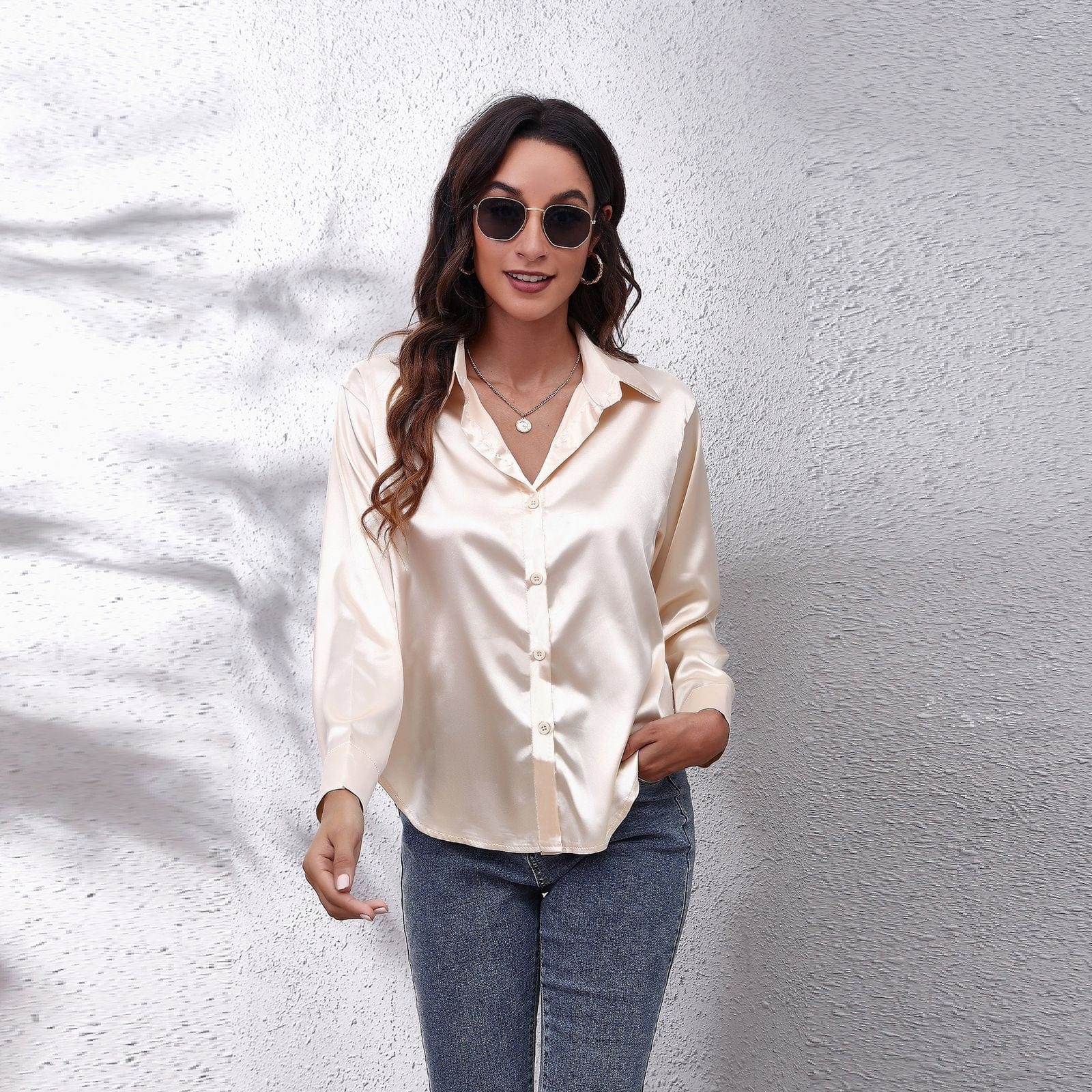 2 XL / Champagne Silk Women's Shirt Long Sleeve Fashion Woman Blouses 2023 Satin Top Female Shirts and Blouse Basic Ladies Tops OL Women Clothing