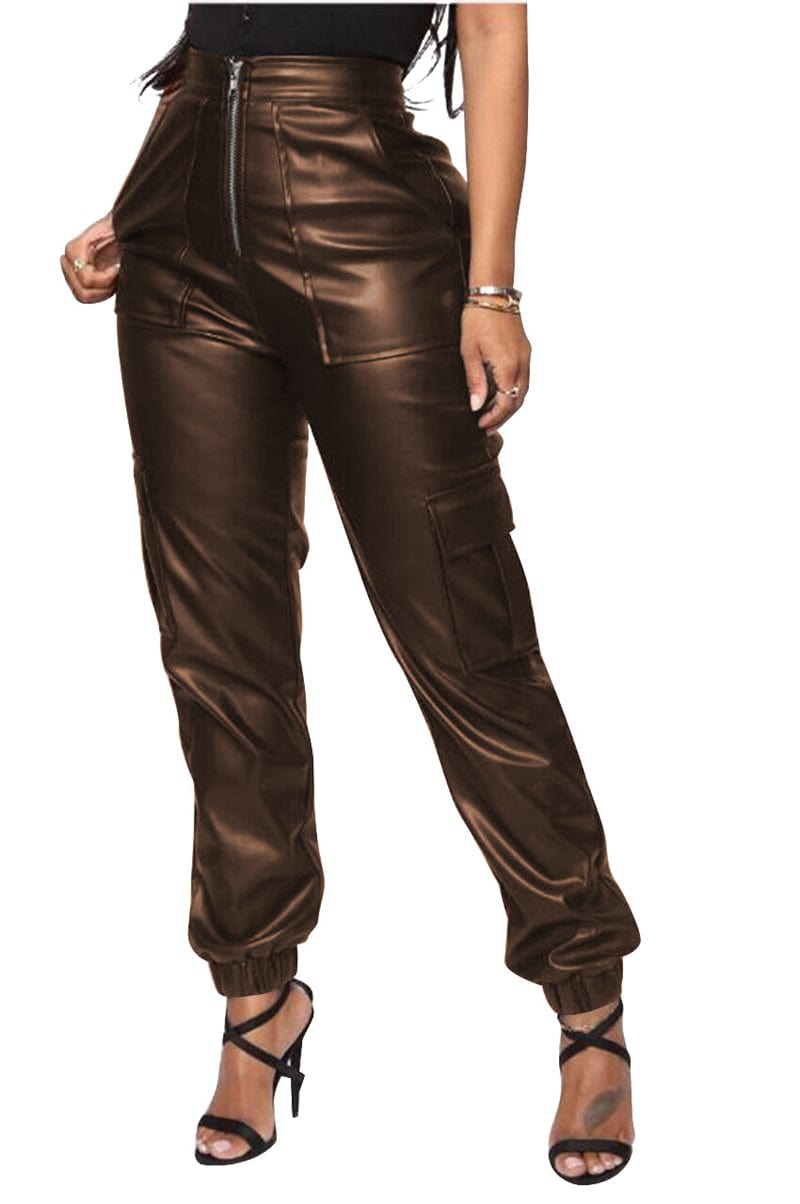 2 XL / Coffee wholesale fashion women's green black brown red real faux pu leather high waist cargo leather pants women with pocket for women