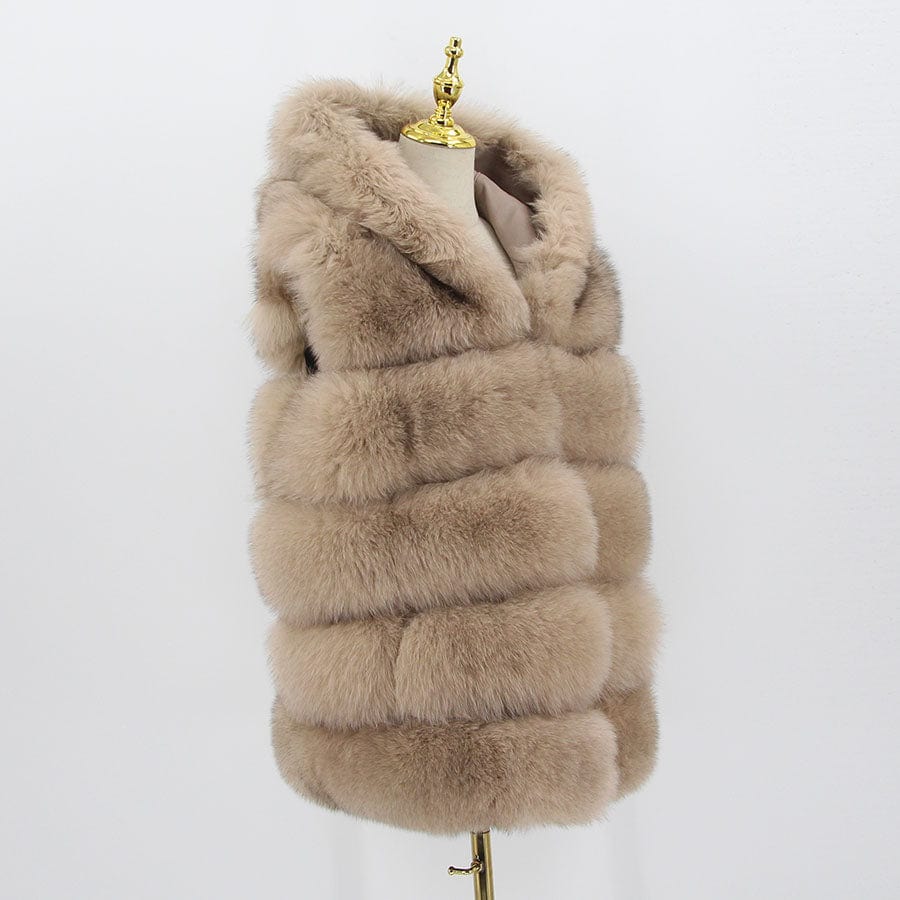 2 XL / dark beige QIUCHEN new women winter fur coat dyed vest with big hood genuine natural fur fox vest QC8062