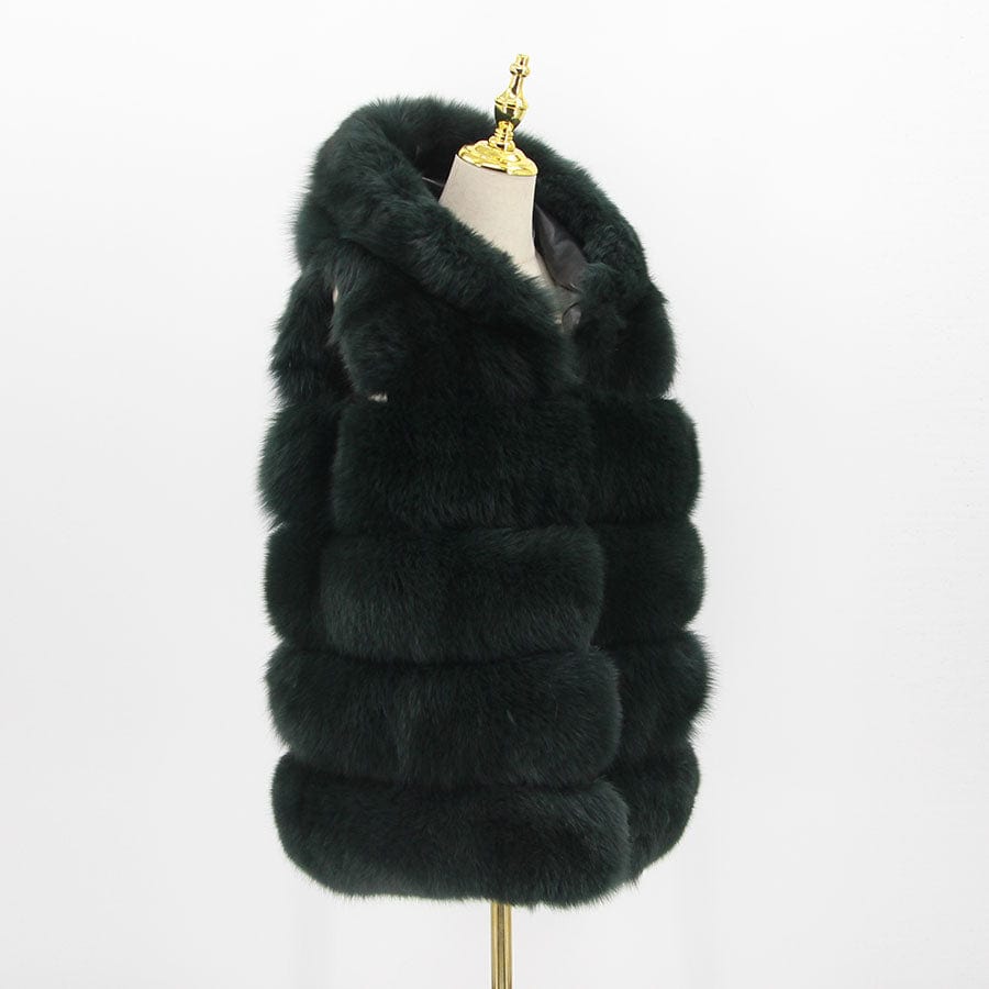 2 XL / dark green QIUCHEN new women winter fur coat dyed vest with big hood genuine natural fur fox vest QC8062