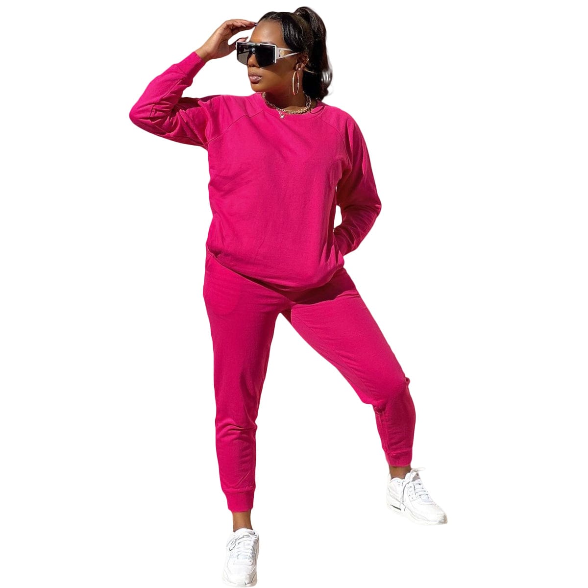 2 XL / Fuchsia Fall Sets 2022 Trendy Women Clothes Casual Pink Cotton Pocket Tracksuit Pant Set Spring Autumn Women Sweatpants 2 Pieces