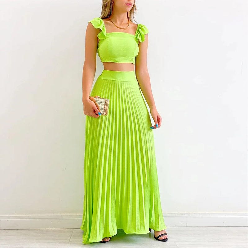 2 XL / Grass green New Trendy Summer Skirt And Top Set For Women Short Tank Top High Waist Maxi Pleated Skirt Set Women 2 Piece Outfits