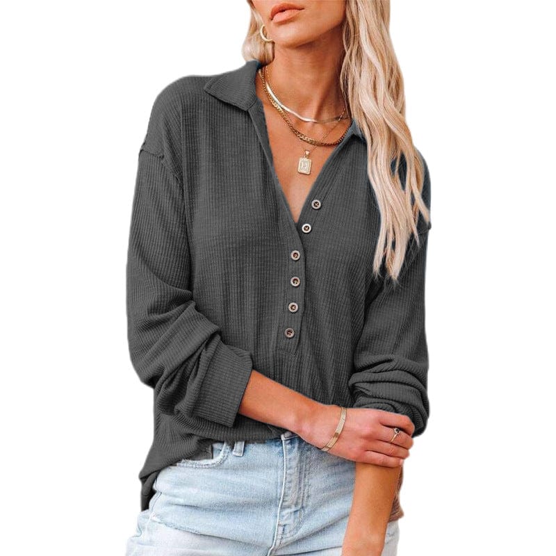 2 XL / Gray 10%OFF S-2XL European and American women's clothing autumn and winter new long-sleeved lapel V-neck shirt pit strip lapel top