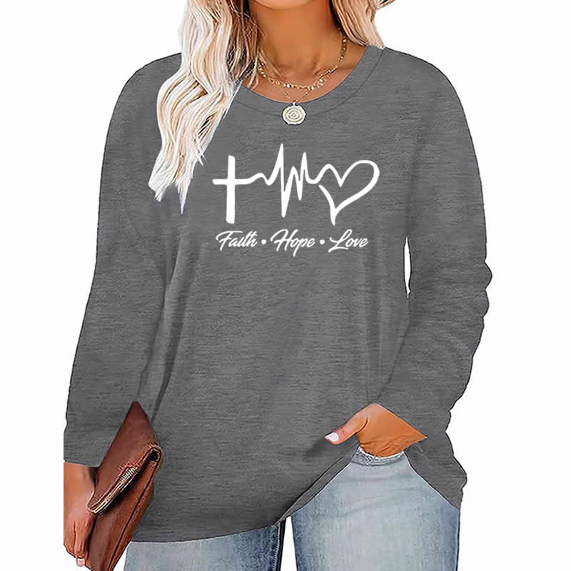 2 XL / Gray faith Hope Love pattern Plus Size Women's Top Autumn X-Large-5X-Large woman clothes y2k t shirt oversized long sleeve tshirt