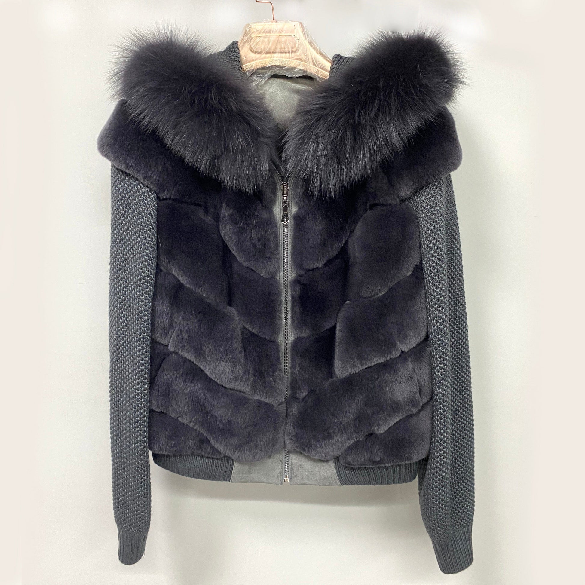 2 XL / Gray QIUCHEN QC22029Ladies Knit Zip Hoodie Coat with Real Fox Fur Collar Winter Hooded Jacket Women