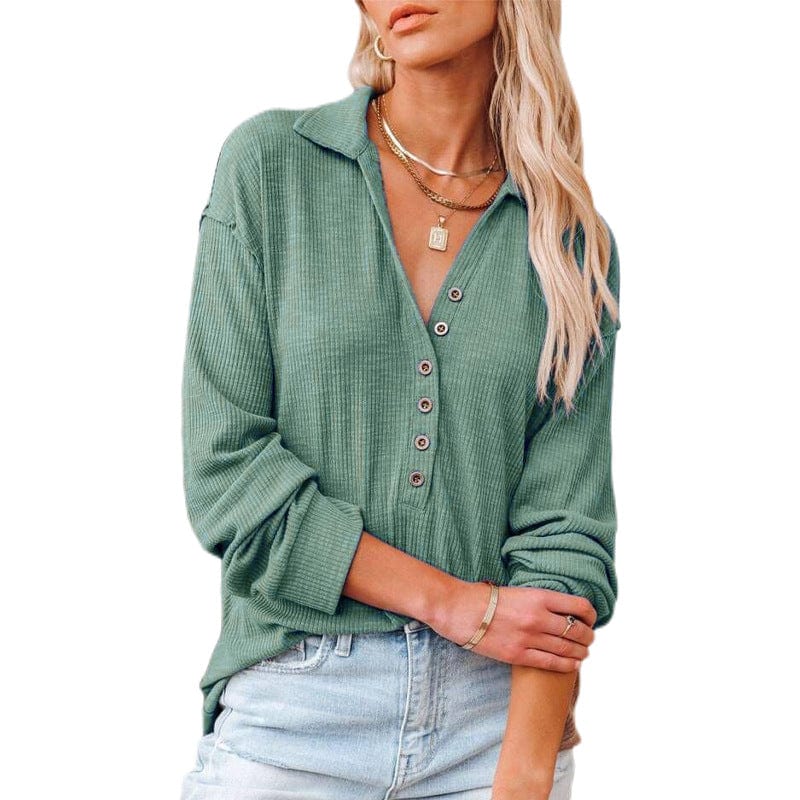 2 XL / Green 10%OFF S-2XL European and American women's clothing autumn and winter new long-sleeved lapel V-neck shirt pit strip lapel top