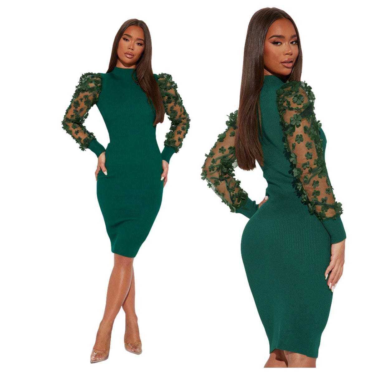 2 XL / green Foma 2022 fall round neck strap mesh sleeve 3d flower patchwork fashion elegant bodycon midi casual dress