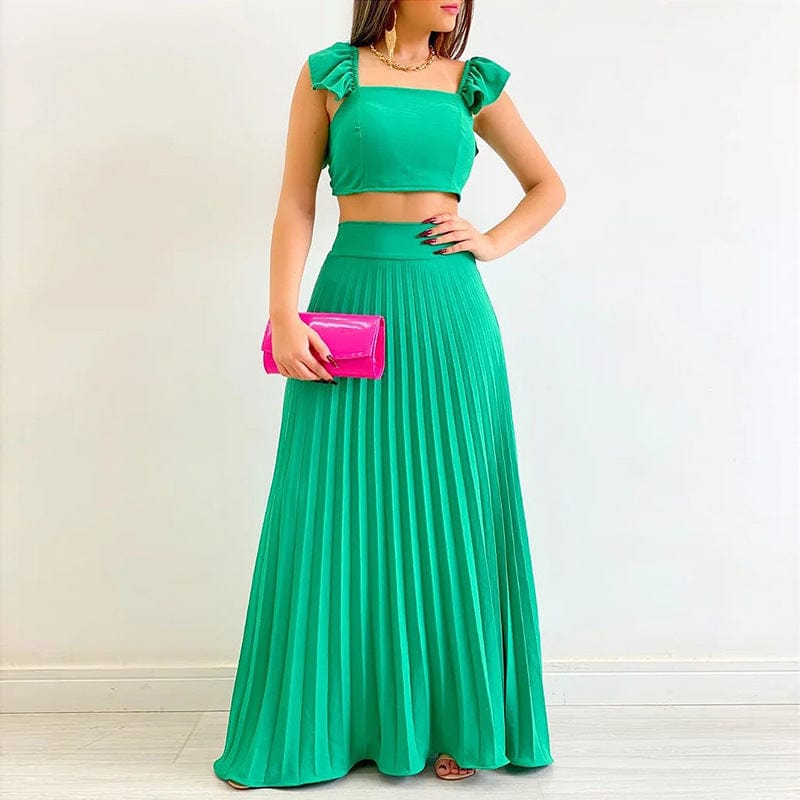 2 XL / green New Trendy Summer Skirt And Top Set For Women Short Tank Top High Waist Maxi Pleated Skirt Set Women 2 Piece Outfits