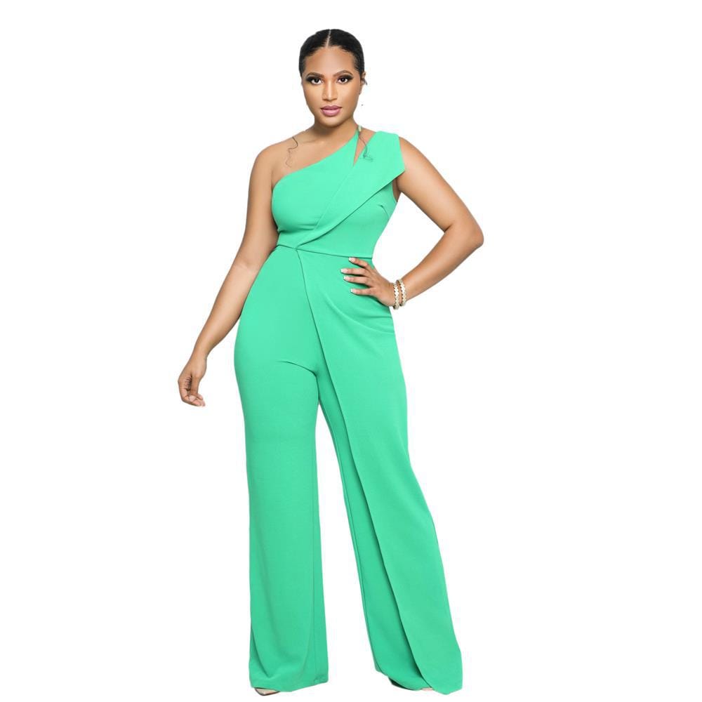 2 XL / green New women's clothing Sexy sleeveless one shoulder suspender High waisted commuter straight loose ladies one piece jumpsuits