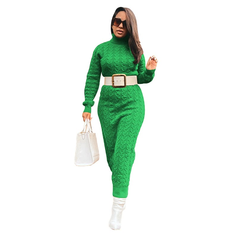 2 XL / Green( no belt) fall winter 2022 luxury designer brand black graphic ribbed stripe turtleneck long sweater dress long pullover knit custom women