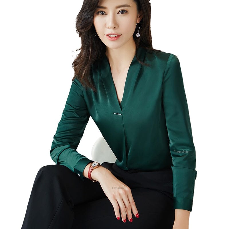 2 XL / green OEM Satin New Fabric High-quality V-Neck Shirt for Women Blouse Elegant Tops Female Full-Sleeve Office Lady Work Wear